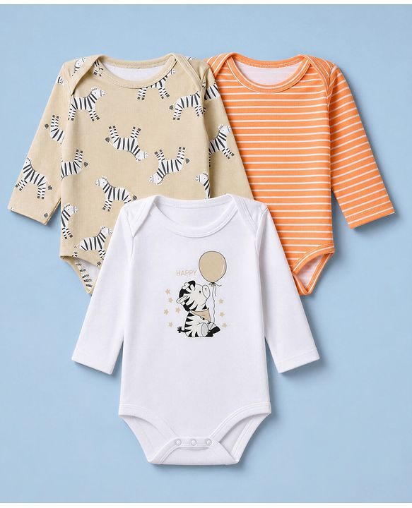 Babyhug 100% Cotton Interlock Knit Full Sleeves Striped Onesies With Zebra Print Pack of 3 - White, Yellow & Orange