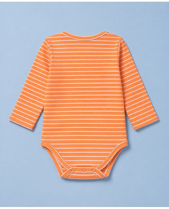 Babyhug 100% Cotton Interlock Knit Full Sleeves Striped Onesies With Zebra Print Pack of 3 - White, Yellow & Orange