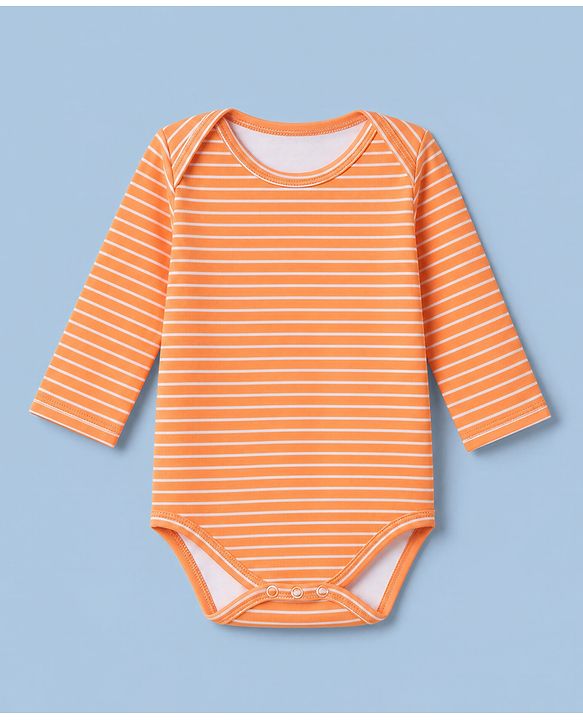 Babyhug 100% Cotton Interlock Knit Full Sleeves Striped Onesies With Zebra Print Pack of 3 - White, Yellow & Orange