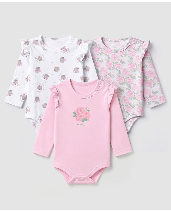 Babyhug Interlock Knit 100% Cotton Full Sleeves Onesies With Floral Print Pack of 3 -white, Pink & Light Pink