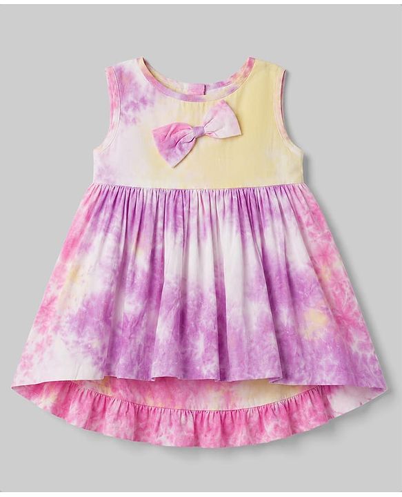 Babyhug Rayon Woven Sleeveless Tie & Dye Effect Frock with Bow Applique - Pink & Purple