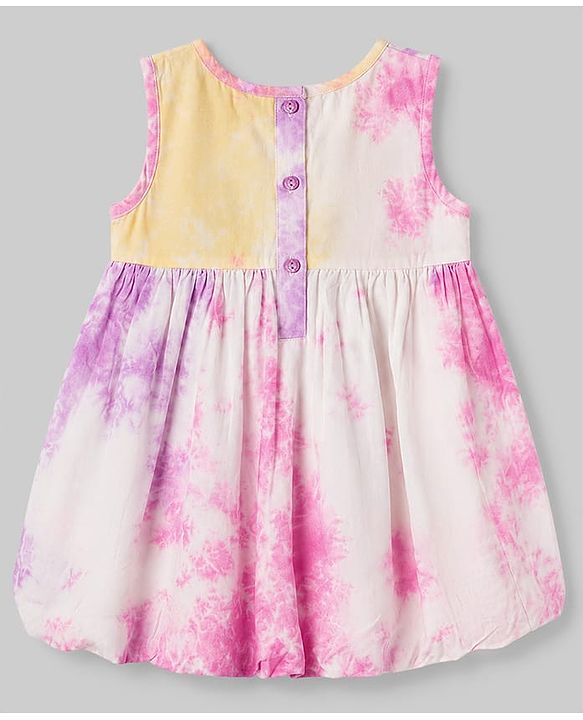 Babyhug Rayon Woven Sleeveless Tie & Dye Effect Frock with Bow Applique - Pink & Purple