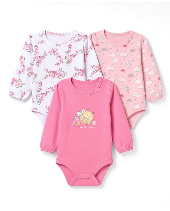 Babyhug 100% Cotton Interlock Knit Full Sleeves Onesies With Floral, Cloud & Bee Print Pack of 3 - White, Pink & Light Pink