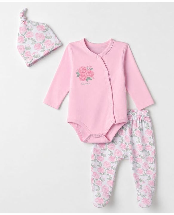 Babyhug 100% Cotton Interlock Knit Full Sleeves Onesies with Leggings & Cap With Floral Print - Pink