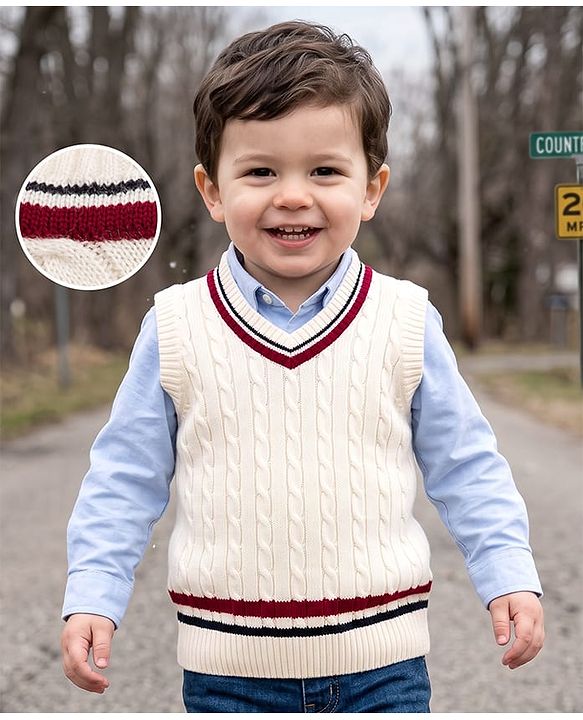 Babyhug Knit Sleeveless Sweater Vests With Cable Knit Design - White