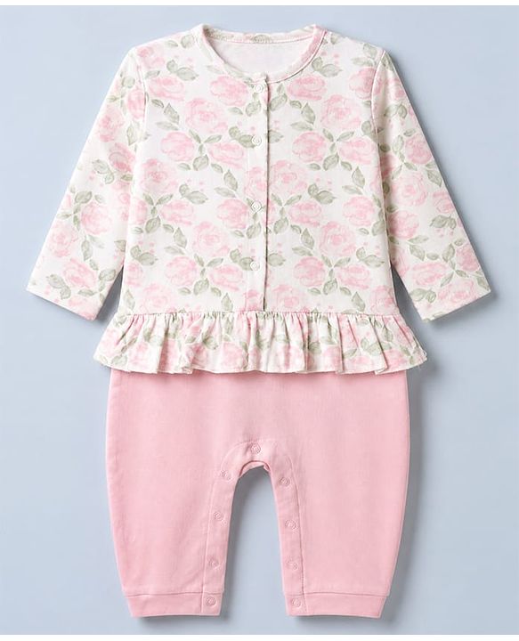 Babyhug 100% Cotton Interlock Knit Full Sleeves Romper With Floral Print & Headband - Pink