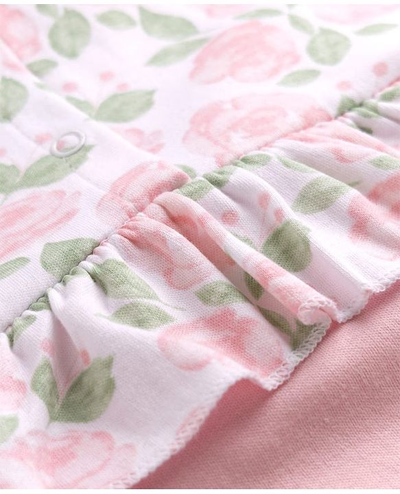 Babyhug 100% Cotton Interlock Knit Full Sleeves Romper With Floral Print & Headband - Pink
