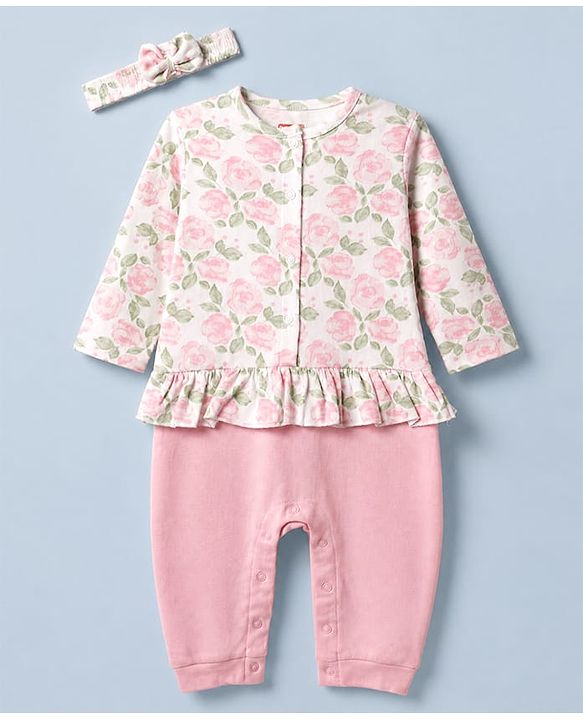 Babyhug 100% Cotton Interlock Knit Full Sleeves Romper With Floral Print & Headband - Pink