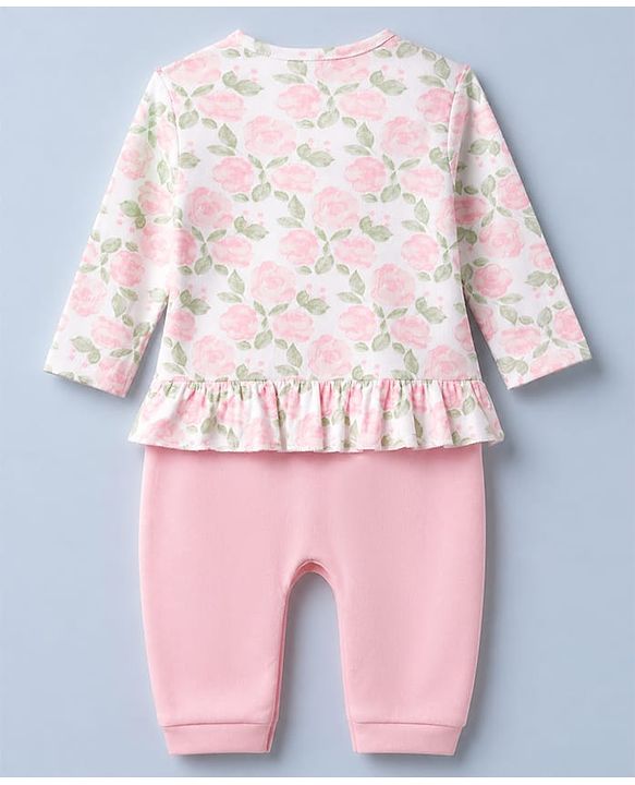 Babyhug 100% Cotton Interlock Knit Full Sleeves Romper With Floral Print & Headband - Pink