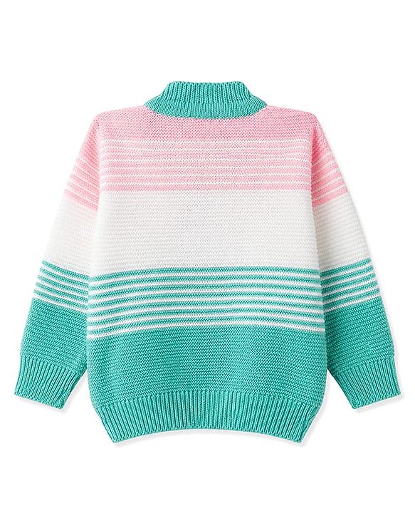 Babyhug Knit Full Sleeves Striped Sweater Set With Cap & Booties - Mint