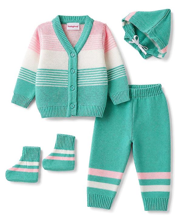 Babyhug Knit Full Sleeves Striped Sweater Set With Cap & Booties - Mint