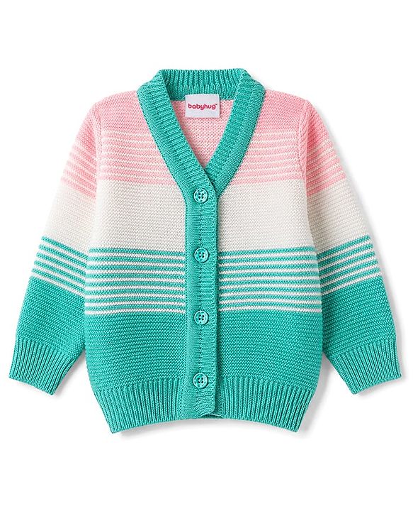 Babyhug Knit Full Sleeves Striped Sweater Set With Cap & Booties - Mint