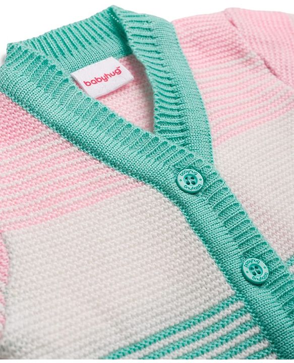Babyhug Knit Full Sleeves Striped Sweater Set With Cap & Booties - Mint