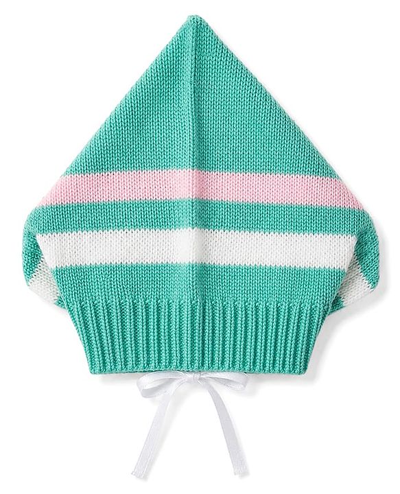 Babyhug Knit Full Sleeves Striped Sweater Set With Cap & Booties - Mint