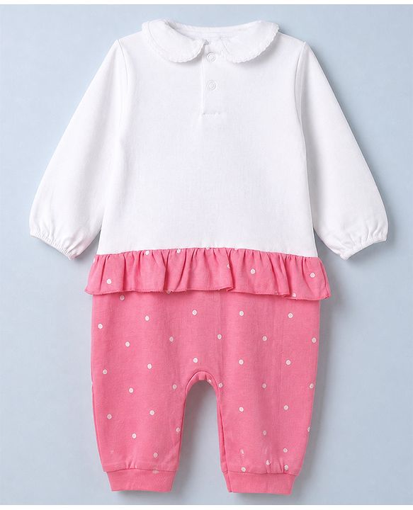 Babyhug 100% Cotton Interlock Knit Full Sleeves Romper with Frill Details and Polka Dots Print with Honey Bee Embroidered Patch - White & Pink