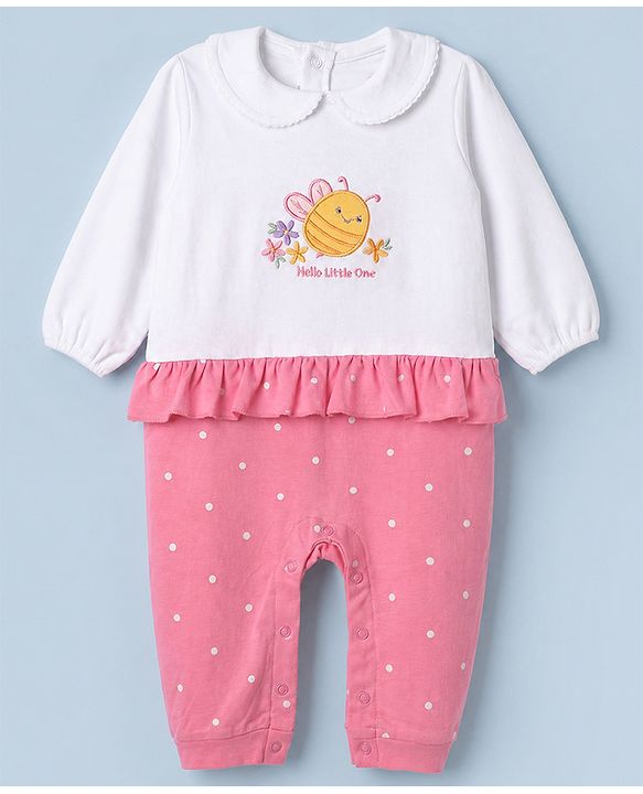 Babyhug 100% Cotton Interlock Knit Full Sleeves Romper with Frill Details and Polka Dots Print with Honey Bee Embroidered Patch - White & Pink