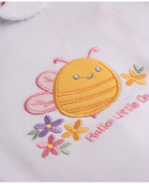 Babyhug 100% Cotton Interlock Knit Full Sleeves Romper with Frill Details and Polka Dots Print with Honey Bee Embroidered Patch - White & Pink