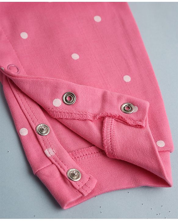 Babyhug 100% Cotton Interlock Knit Full Sleeves Romper with Frill Details and Polka Dots Print with Honey Bee Embroidered Patch - White & Pink