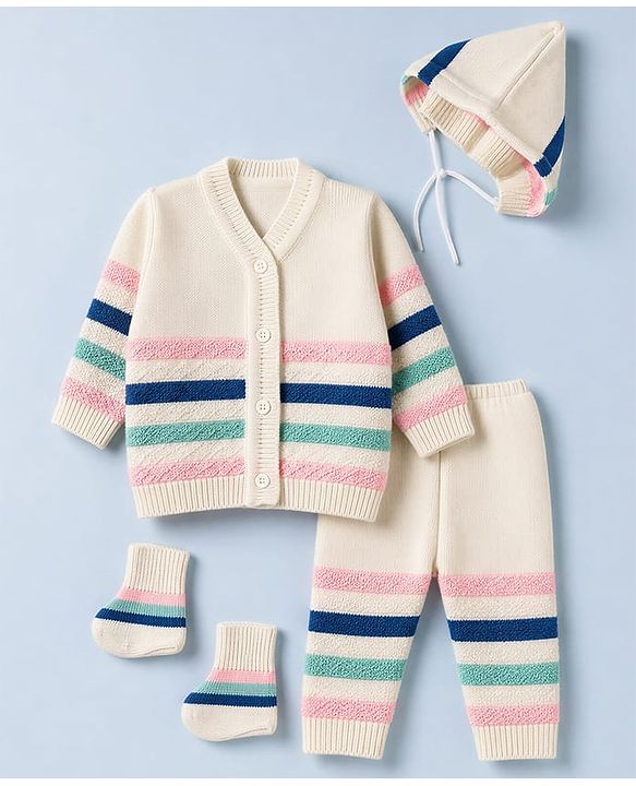 Babyhug Knit Striped Full Sleeves Baby Sweater Set with Cap & Booties - White