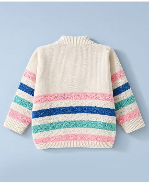 Babyhug Knit Striped Full Sleeves Baby Sweater Set with Cap & Booties - White
