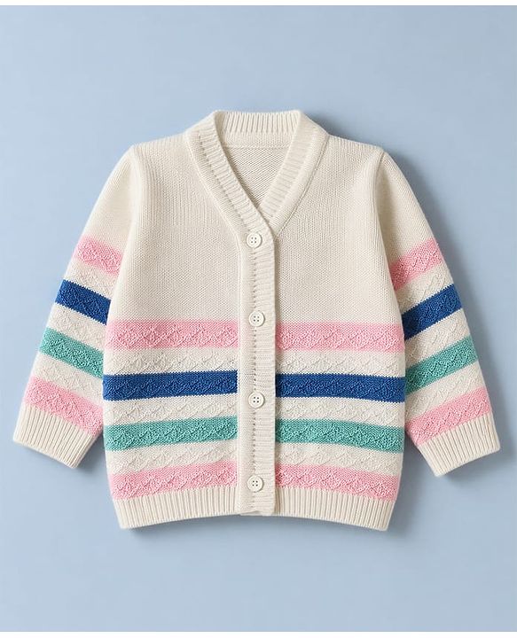 Babyhug Knit Striped Full Sleeves Baby Sweater Set with Cap & Booties - White