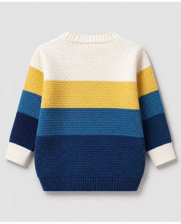Babyhug Knit Full Sleeves Color Block Regular Pullovers with Have a Good Day Tiger Patch - Blue, Yellow
