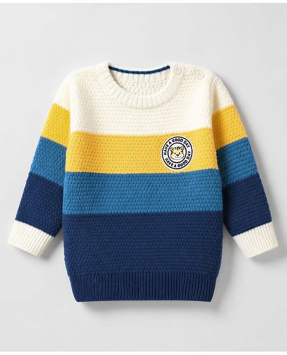 Babyhug Knit Full Sleeves Color Block Regular Pullovers with Have a Good Day Tiger Patch - Blue, Yellow