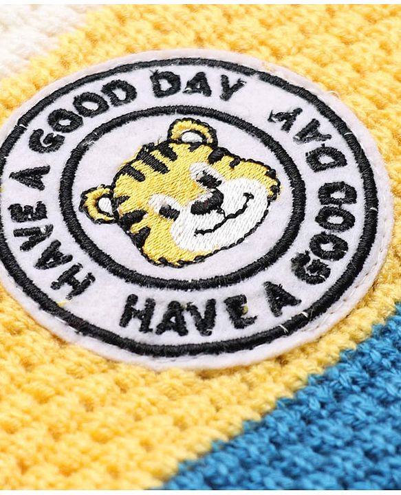 Babyhug Knit Full Sleeves Color Block Regular Pullovers with Have a Good Day Tiger Patch - Blue, Yellow