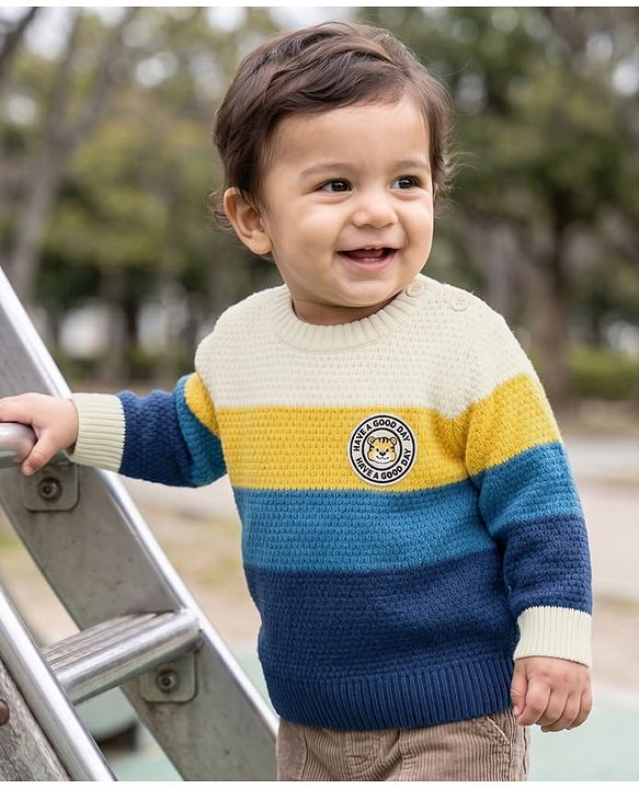 Babyhug Knit Full Sleeves Color Block Regular Pullovers with Have a Good Day Tiger Patch - Blue, Yellow