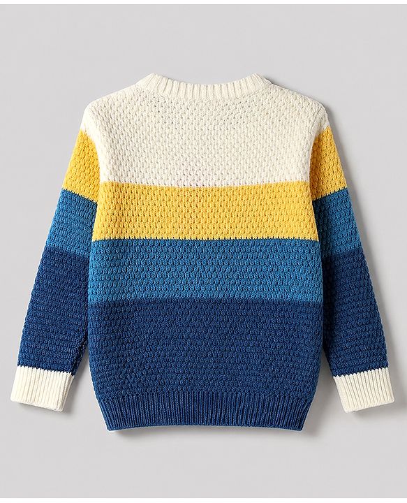 Babyhug Knit Full Sleeves Color Block Regular Pullovers with Have a Good Day Tiger Patch - Blue, Yellow