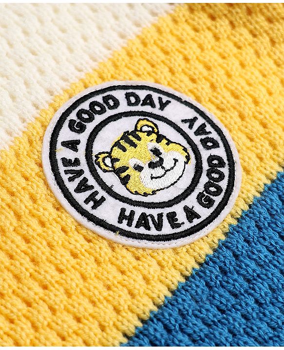 Babyhug Knit Full Sleeves Color Block Regular Pullovers with Have a Good Day Tiger Patch - Blue, Yellow