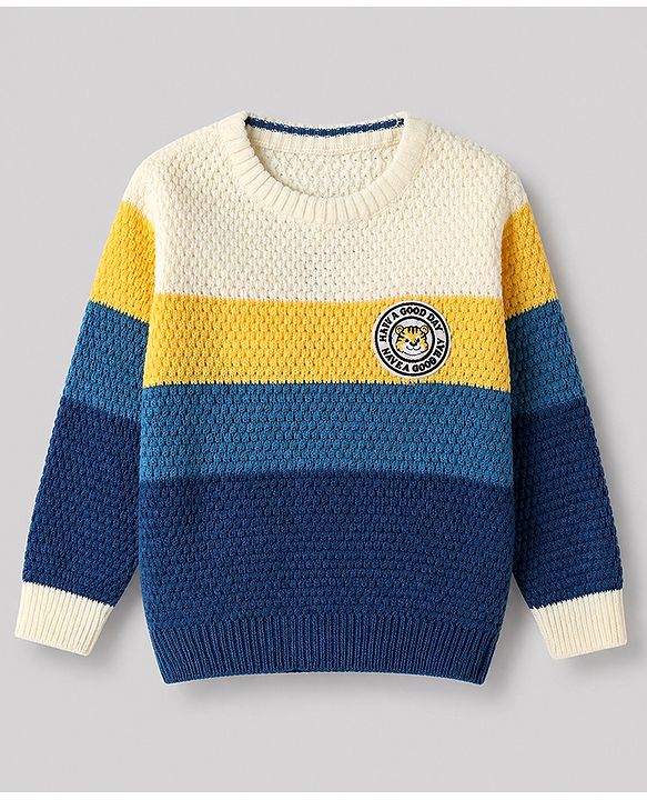 Babyhug Knit Full Sleeves Color Block Regular Pullovers with Have a Good Day Tiger Patch - Blue, Yellow