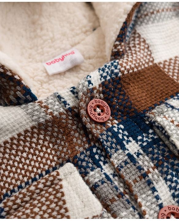 Babyhug Woven Full Sleeves Checked Hoodies - Brown