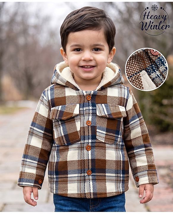Babyhug Woven Full Sleeves Checked Hoodies - Brown