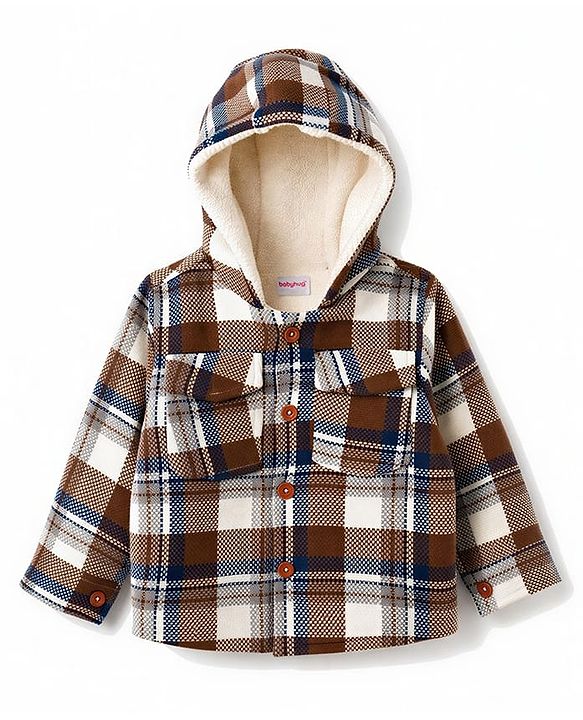 Babyhug Woven Full Sleeves Checked Hoodies - Brown