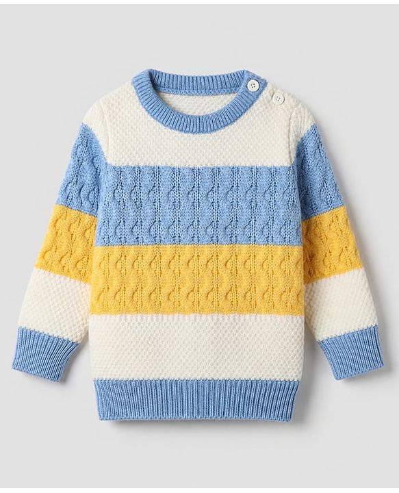 Babyhug Knit Full Sleeves Striped Pullover With Cable Knit Design - Blue
