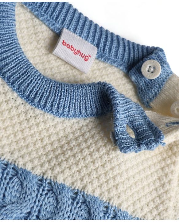 Babyhug Knit Full Sleeves Striped Pullover With Cable Knit Design - Blue