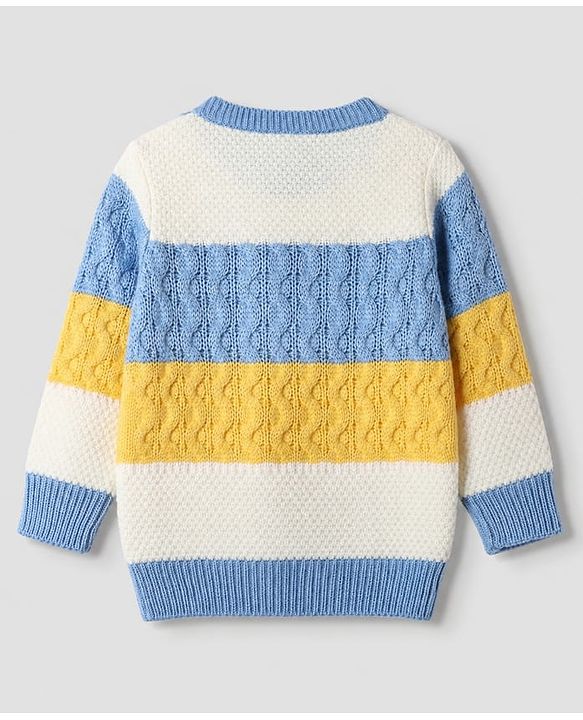 Babyhug Knit Full Sleeves Striped Pullover With Cable Knit Design - Blue