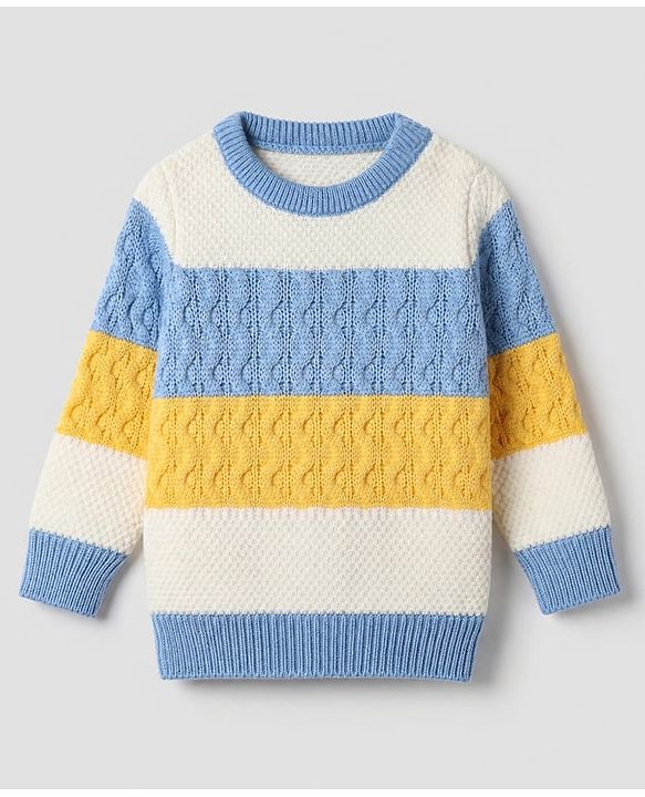 Babyhug Knit Full Sleeves Striped Pullover With Cable Knit Design - Blue
