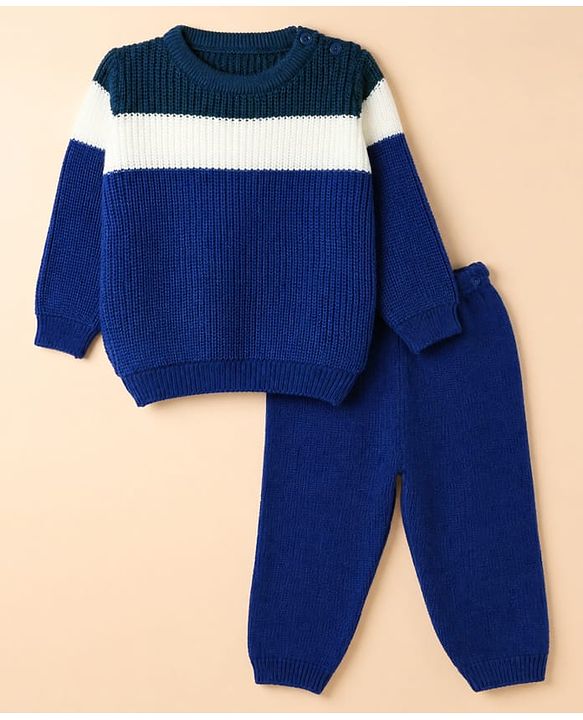 Babyhug Knit Full Sleeves Sweater Set with Color Block Design in Blue