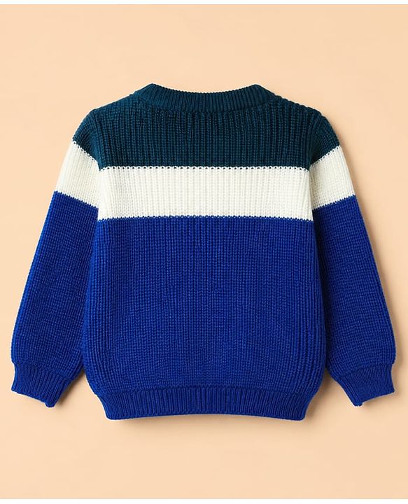 Babyhug Knit Full Sleeves Sweater Set with Color Block Design in Blue