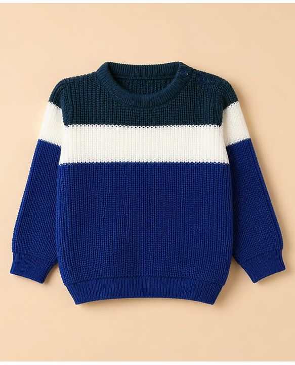 Babyhug Knit Full Sleeves Sweater Set with Color Block Design in Blue