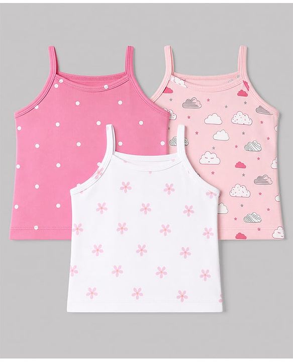 Babyhug 100% Cotton Single Jersey Knit Sleeveless Slips With Polka Dot, Cloud & Floral Print Pack of 3 - Pink, Light Pink & White