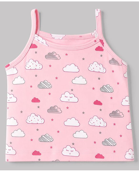 Babyhug 100% Cotton Single Jersey Knit Sleeveless Slips With Polka Dot, Cloud & Floral Print Pack of 3 - Pink, Light Pink & White