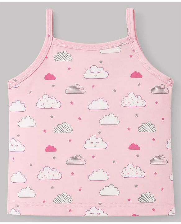 Babyhug 100% Cotton Single Jersey Knit Sleeveless Slips With Polka Dot, Cloud & Floral Print Pack of 3 - Pink, Light Pink & White