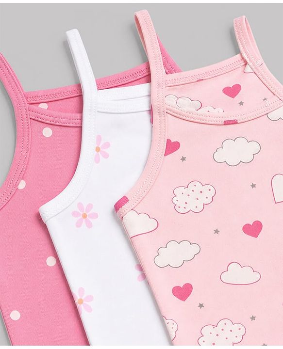 Babyhug 100% Cotton Single Jersey Knit Sleeveless Slips With Polka Dot, Cloud & Floral Print Pack of 3 - Pink, Light Pink & White