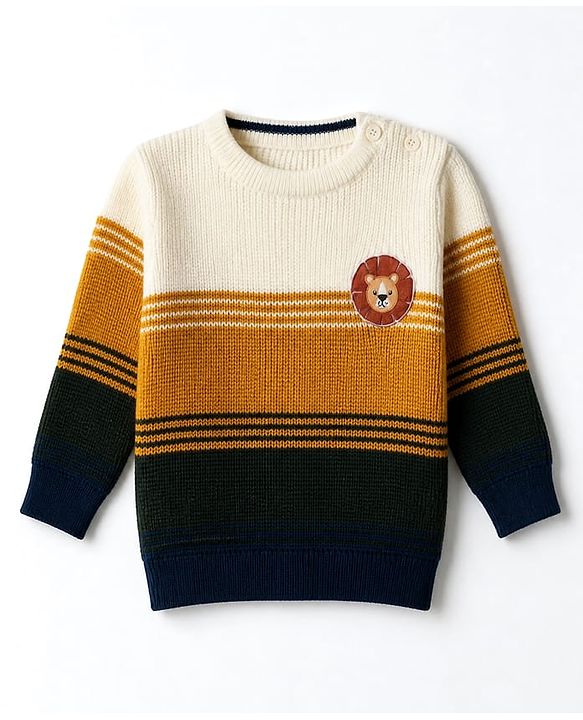 Babyhug Knit Full Sleeves Pullover with Colour Block Design & Lion Patch - Mustard/Olive Green