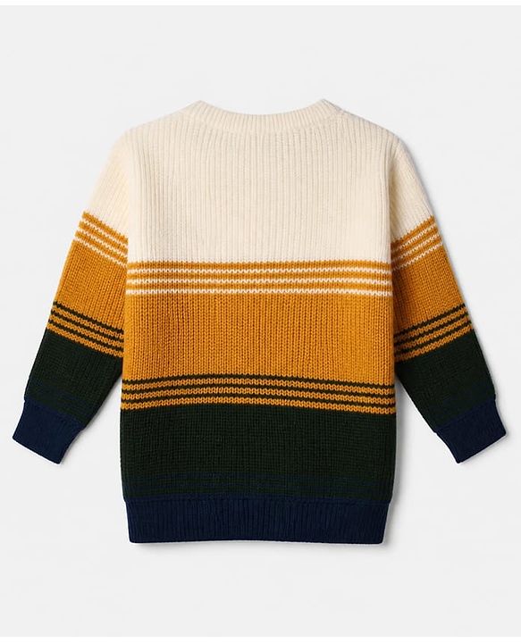 Babyhug Knit Full Sleeves Pullover with Colour Block Design & Lion Patch - Mustard/Olive Green