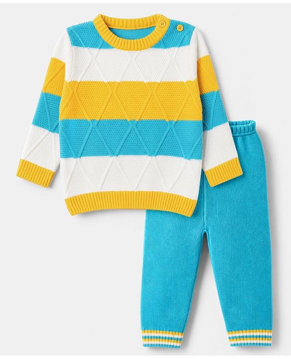 Babyhug Knit Full Sleeves Sweater Set With Striped Design - Blue