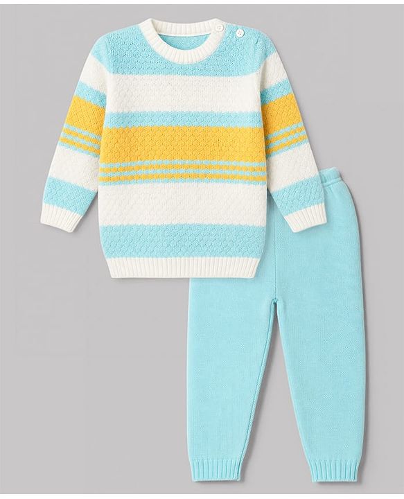 Babyhug Knit Full Sleeves Striped Sweater Set - Sky Blue